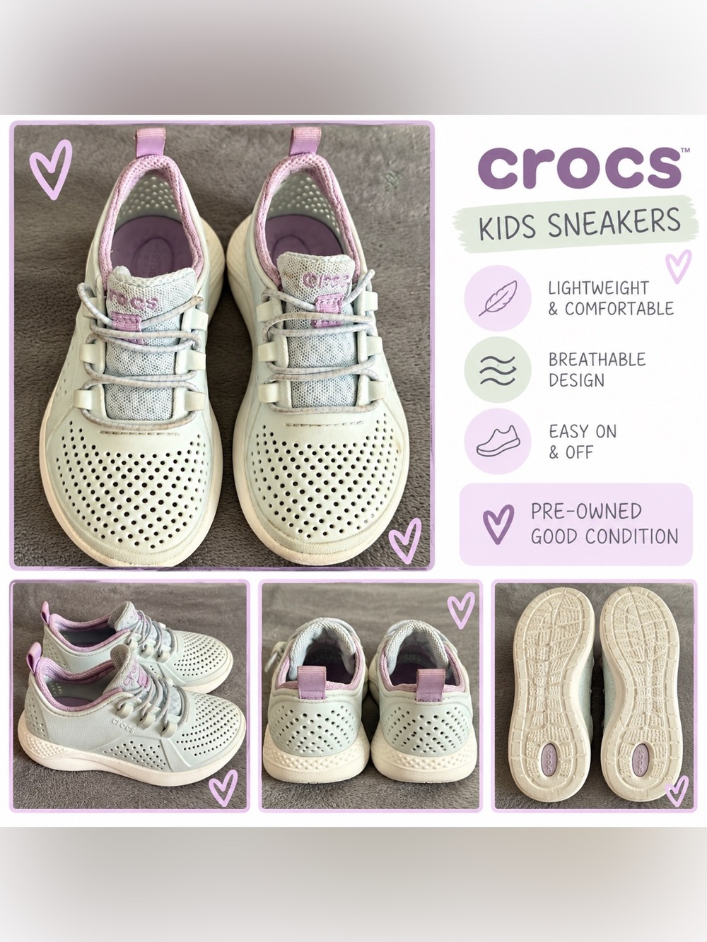CROCS Kids White Sneakers with Light Pink Accents